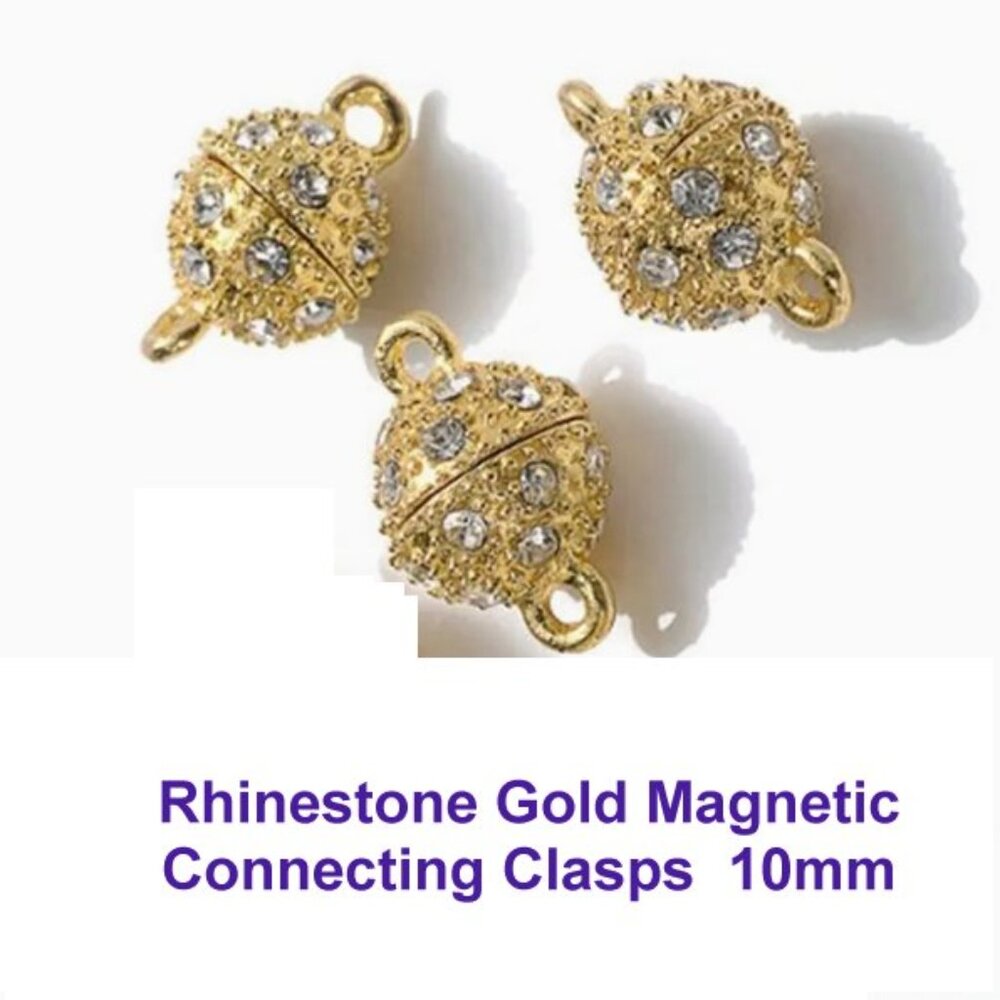 Three Round Magnetic Clasps 10mm for Jewelry Making.  Goldtone w/Rhinestone.